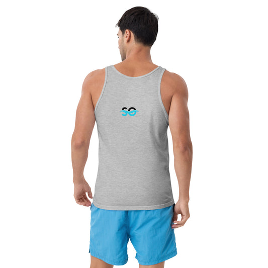 a man wearing a grey tank top with a blue logo