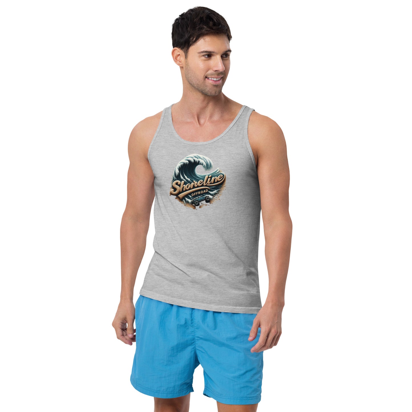 a man wearing a gray tank top and blue shorts