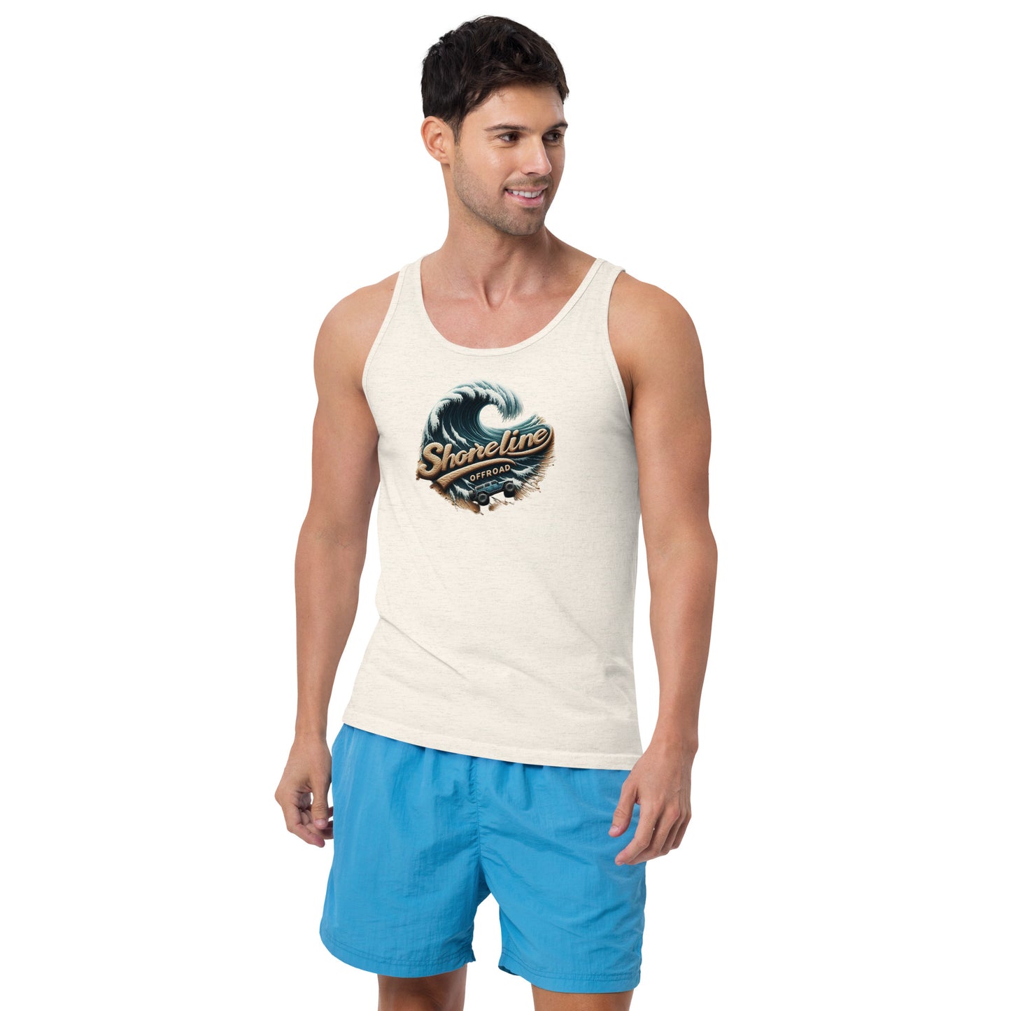 a man wearing a white tank top and blue shorts