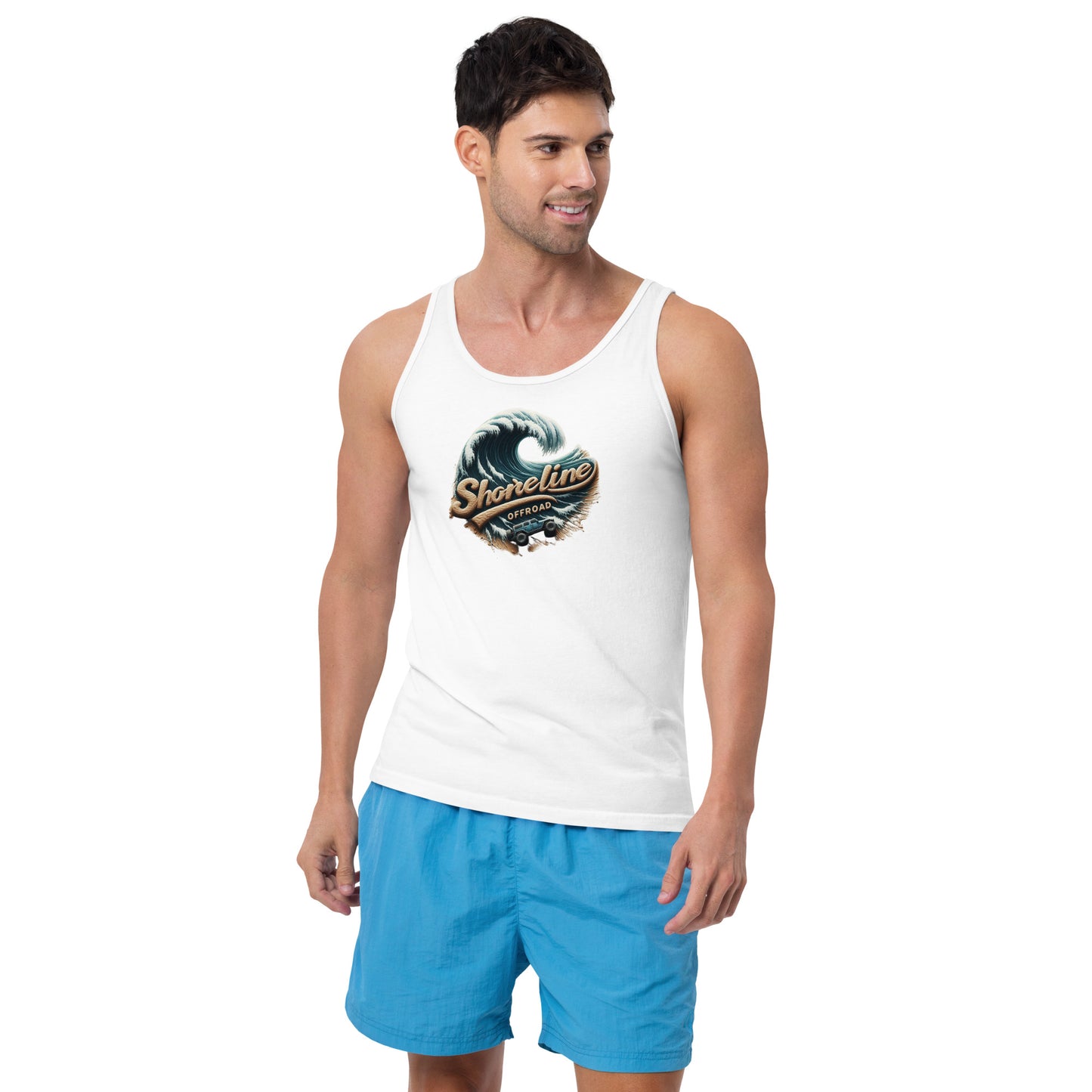 a man wearing a white tank top and blue shorts