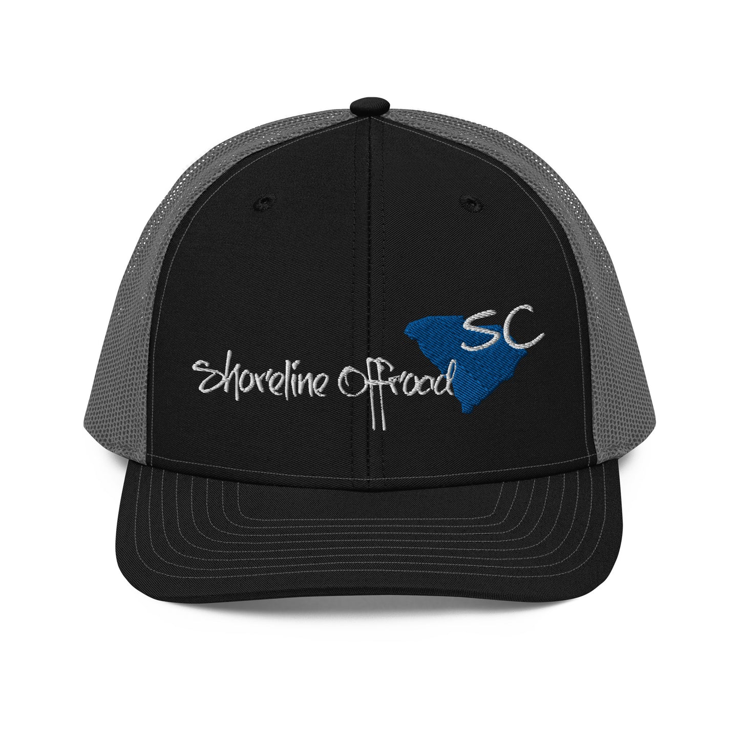 a black and gray trucker hat with the shoreline of food written on it