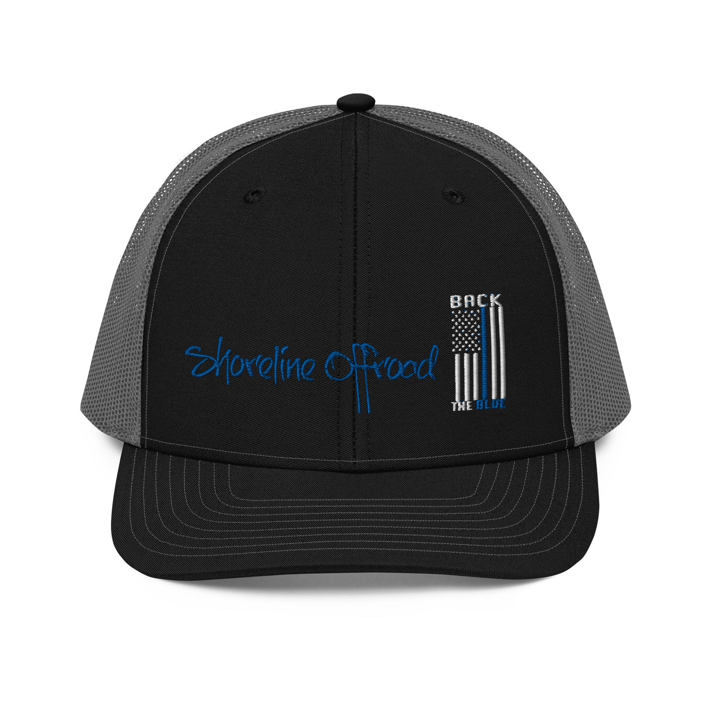 a black and gray trucker hat with an american flag