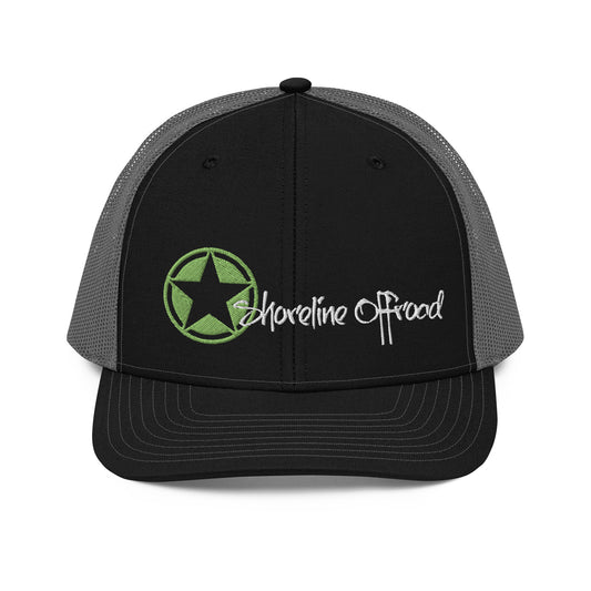 a black and gray trucker hat with the words above it