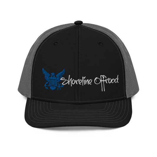 a black and gray trucker hat with a blue and white logo