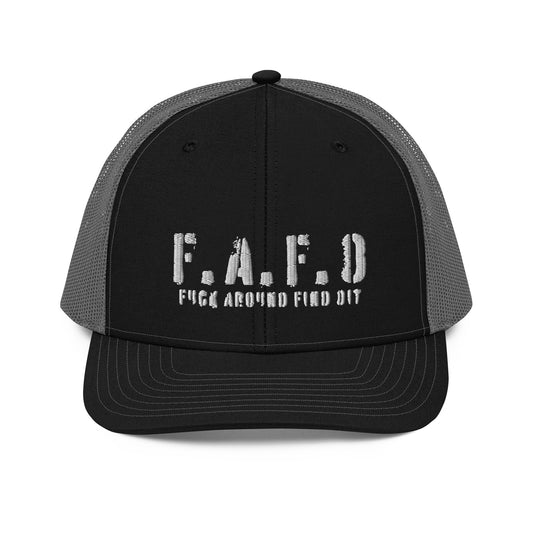 a black and gray trucker hat with the word f a f d on it