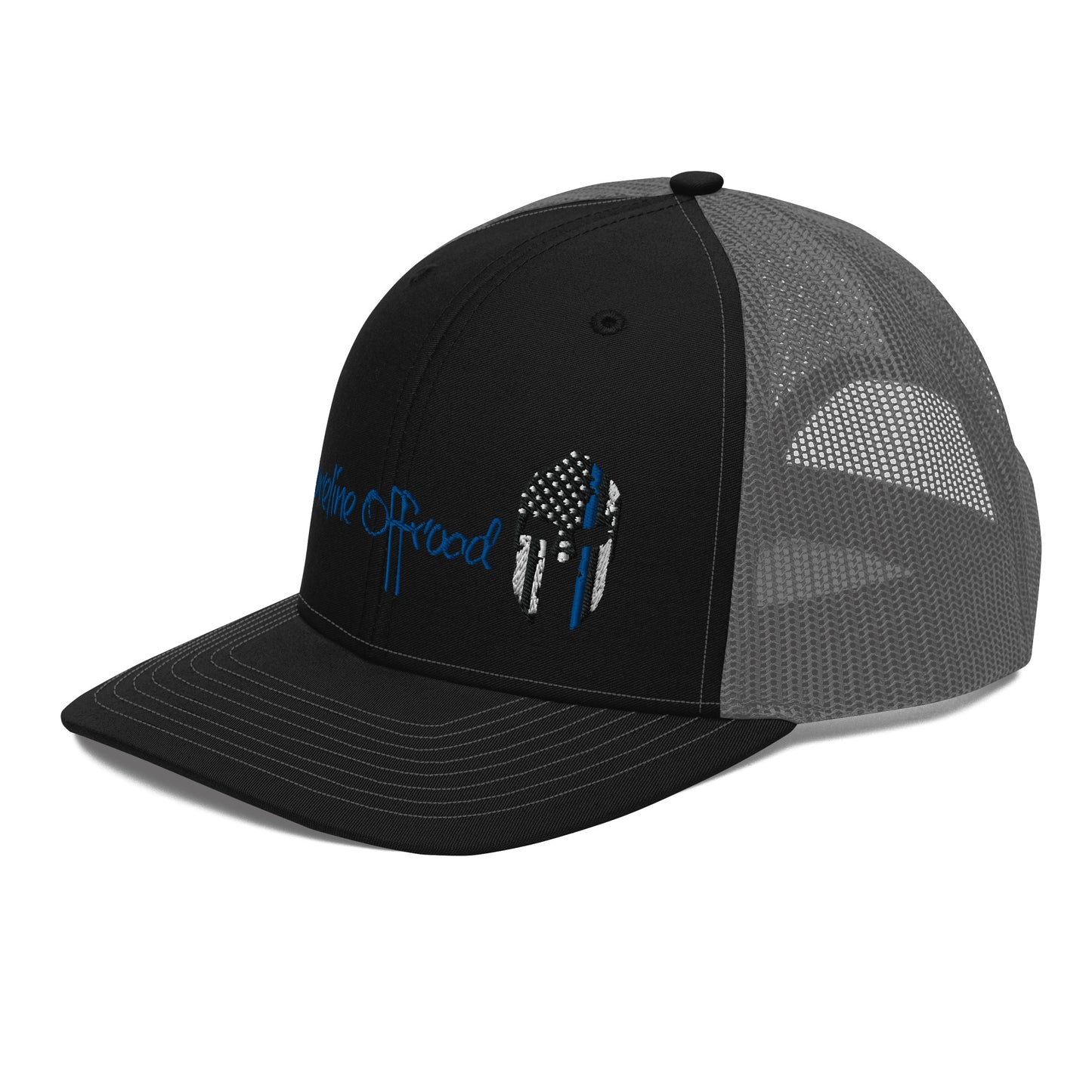 a black and gray trucker hat with an american flag on it