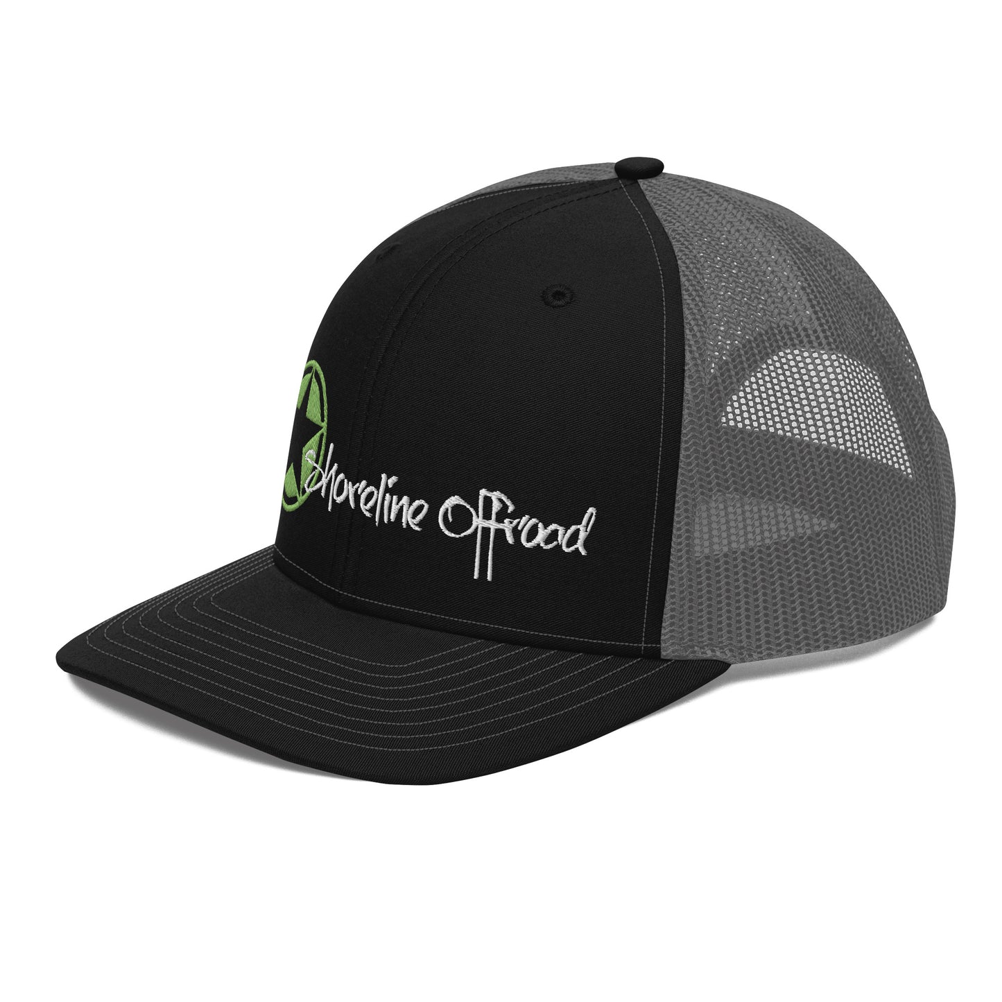 a black and grey trucker hat with a green logo