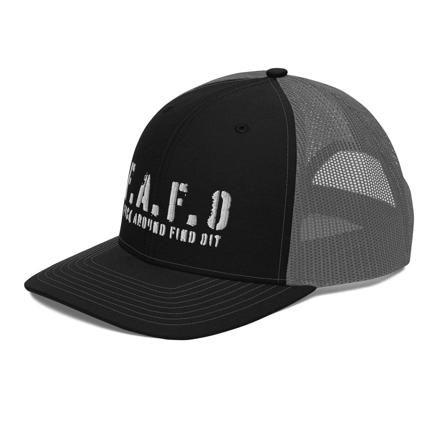 a black and grey hat with a white logo