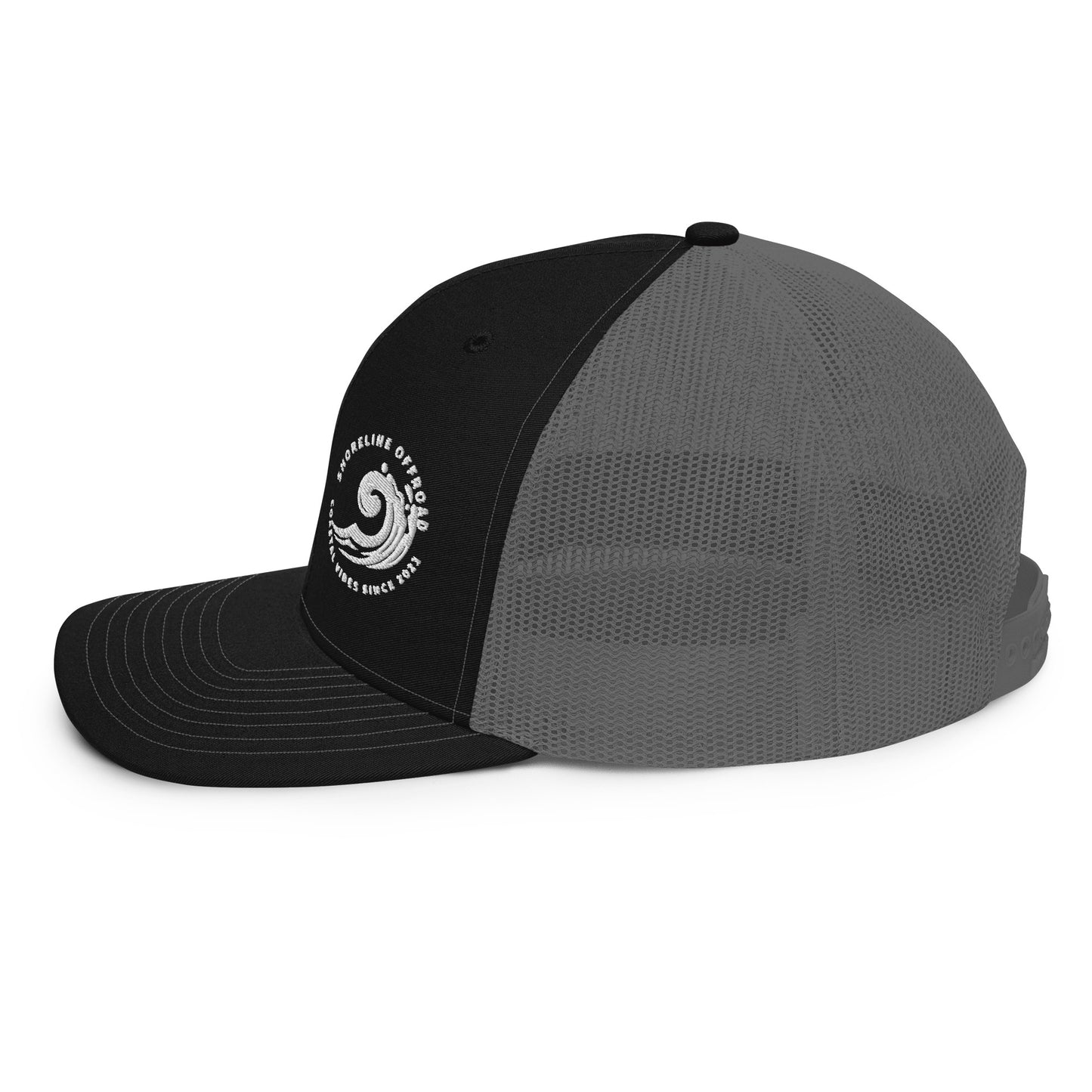 a black and grey hat with a white logo