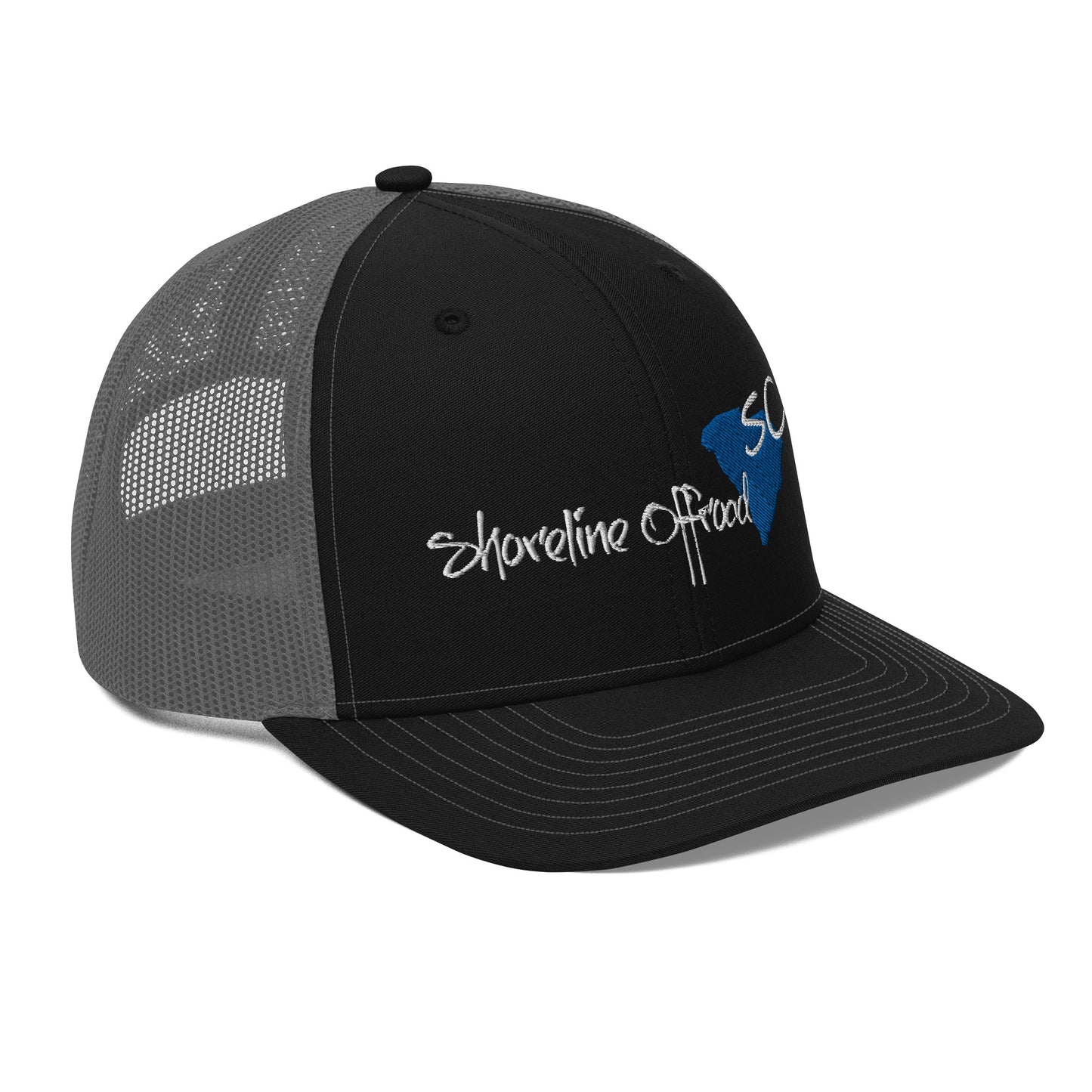 a black and gray hat with a blue bird on it