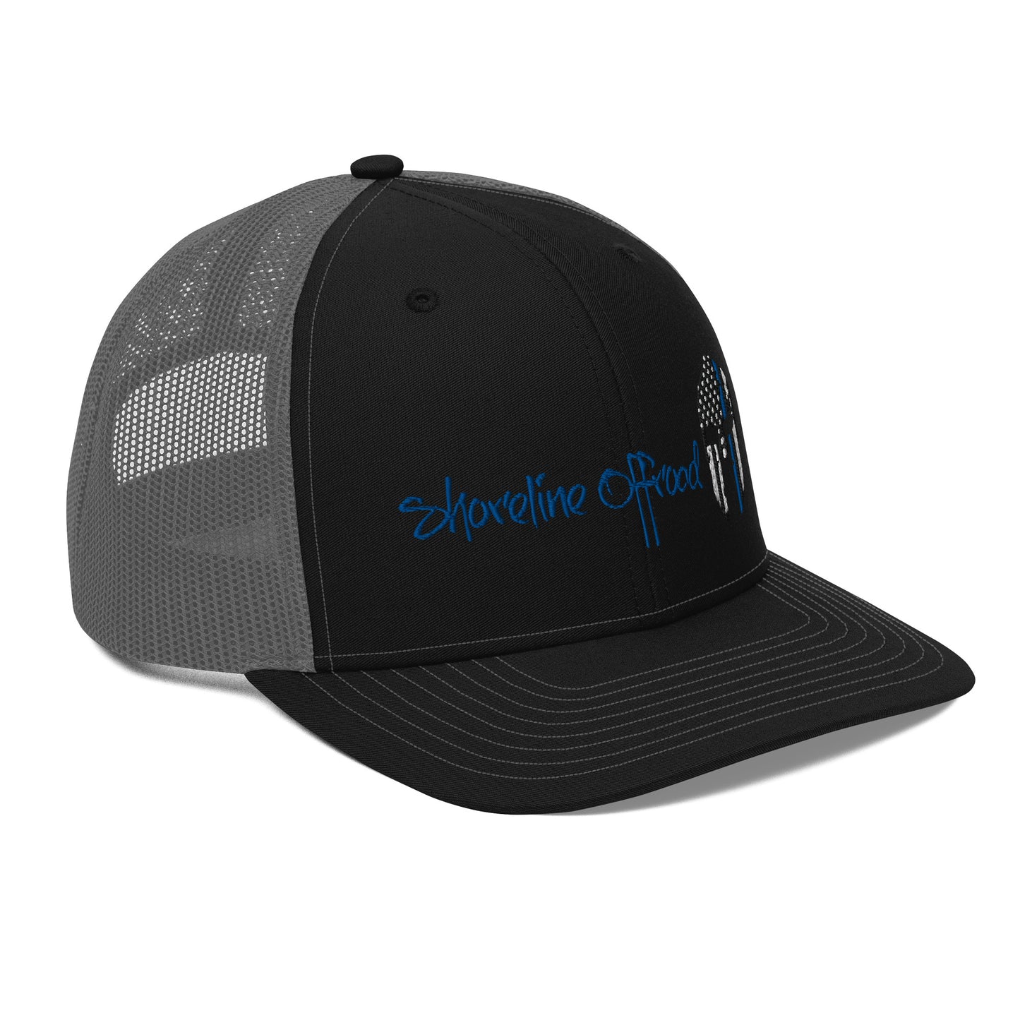 a black and gray trucker hat with a blue logo