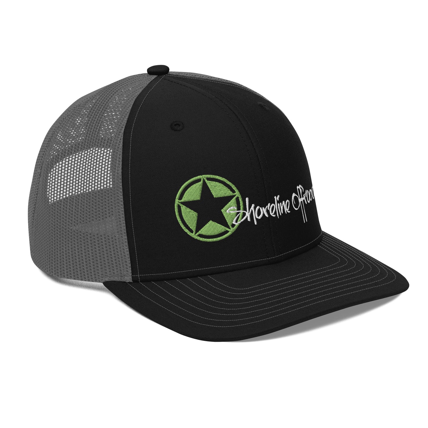 a black hat with a green star on the front