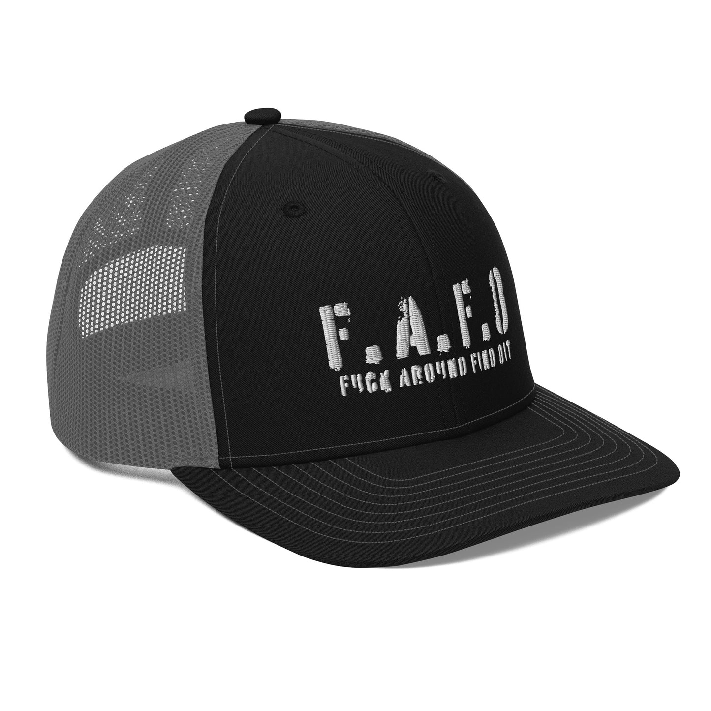 a black and grey hat with the word f a f o on it