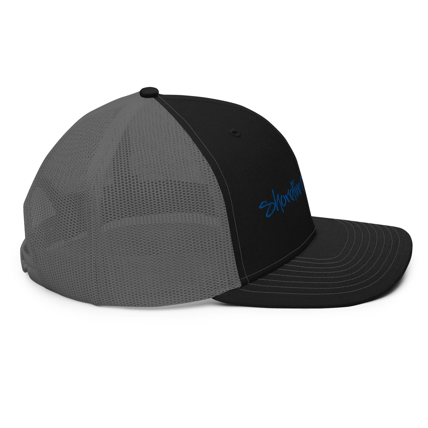 a black and grey hat with a blue logo