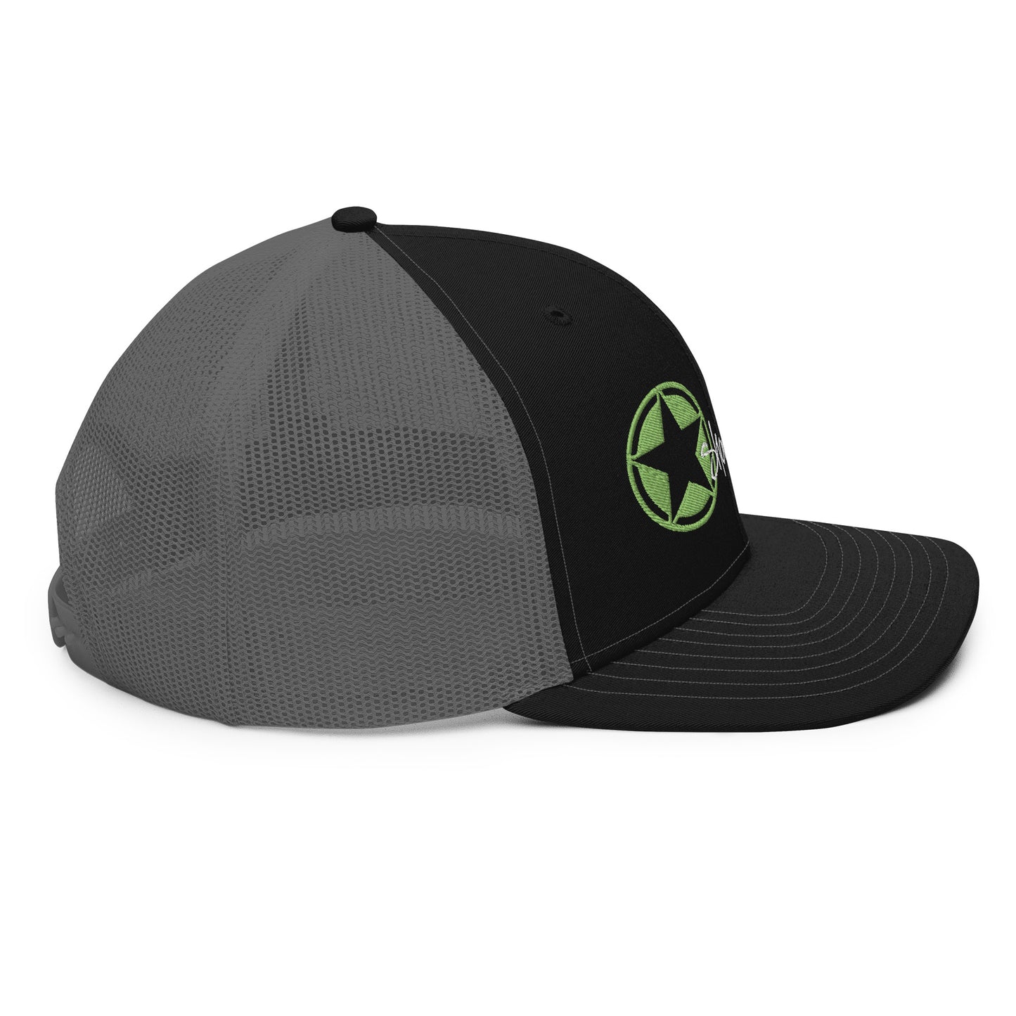 a black and grey hat with a green emblem