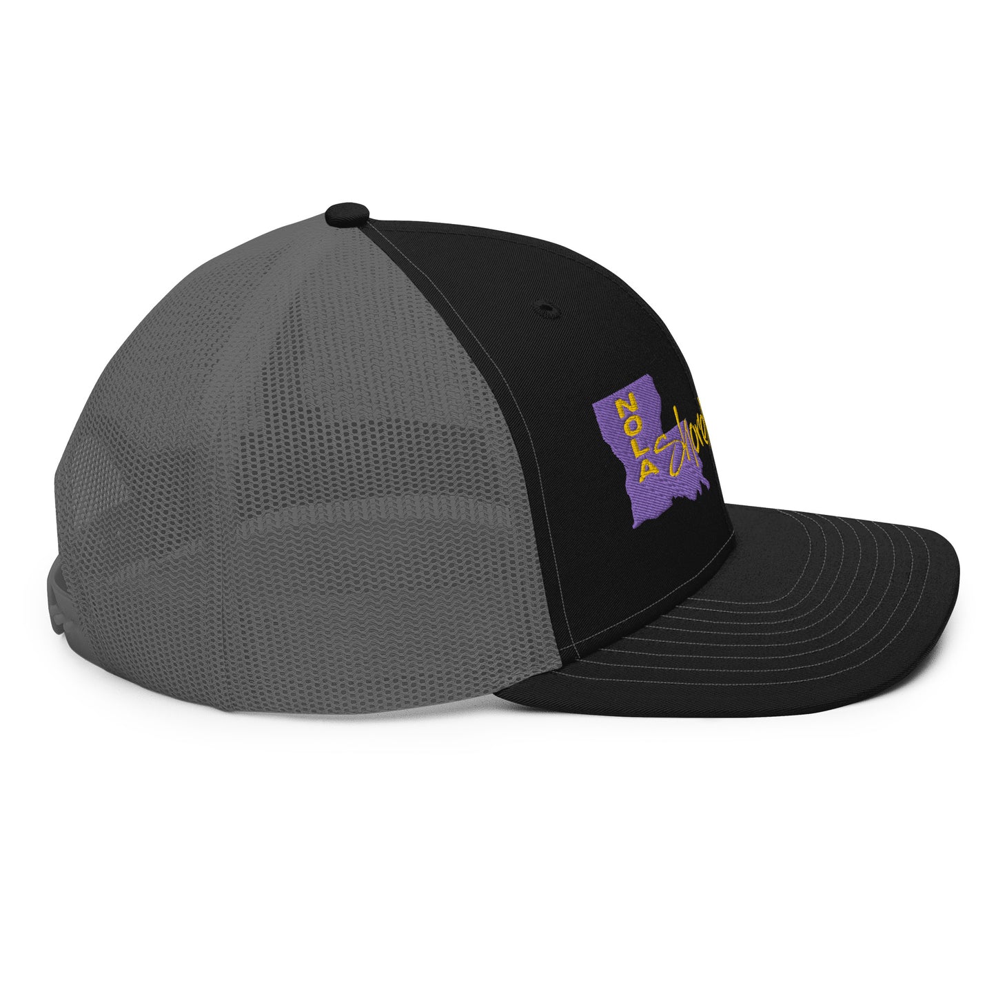 a black and grey hat with a purple logo