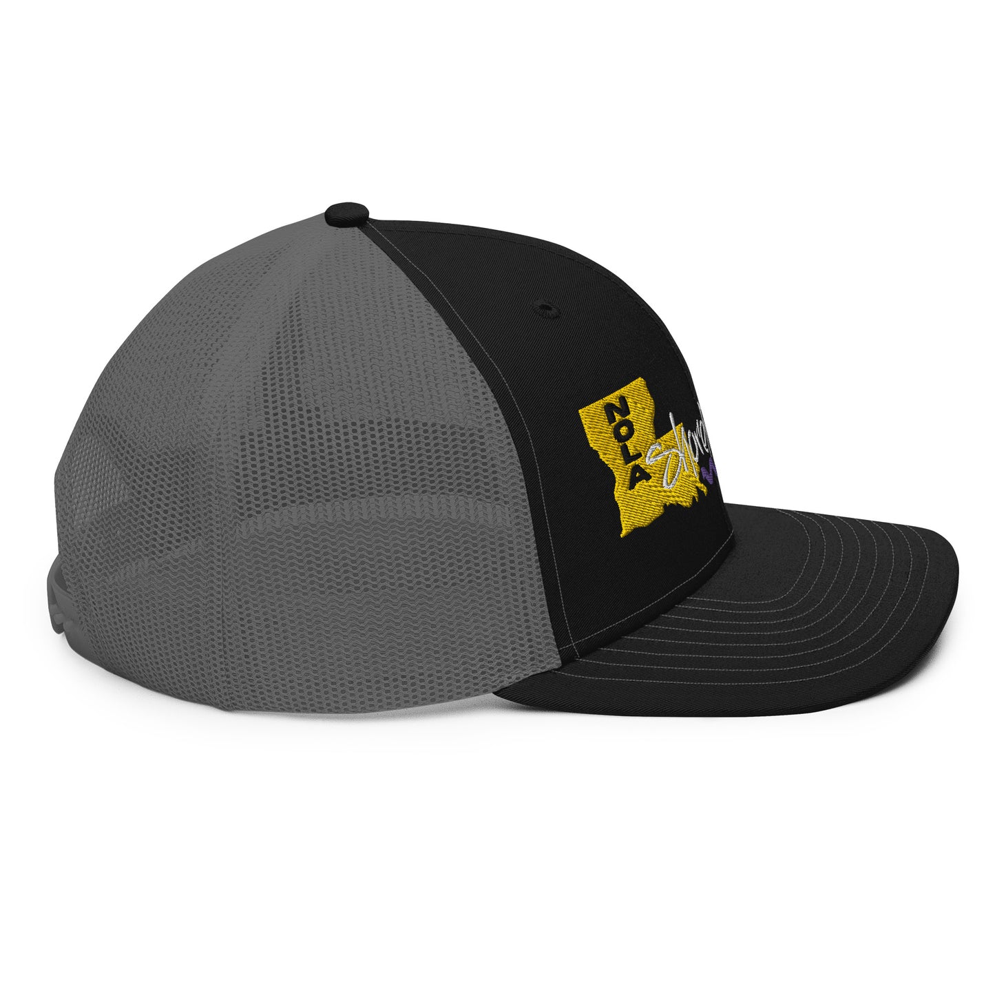 a black and grey hat with a yellow logo