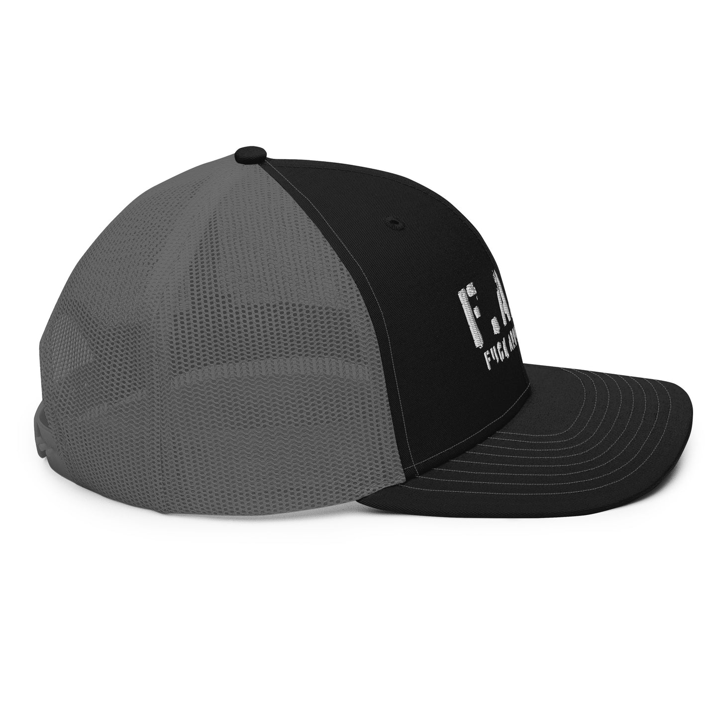 a black and grey hat with a white f logo on it