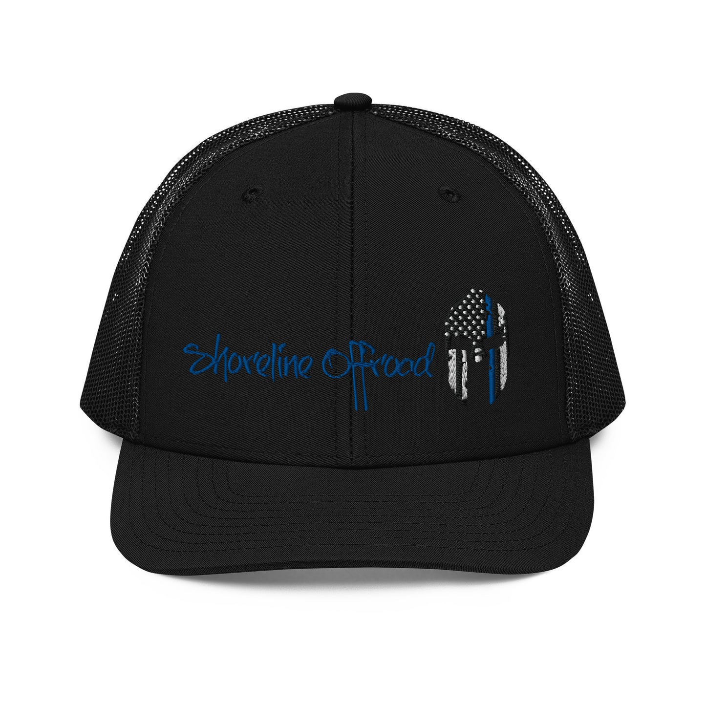 a black trucker hat with an american flag on it