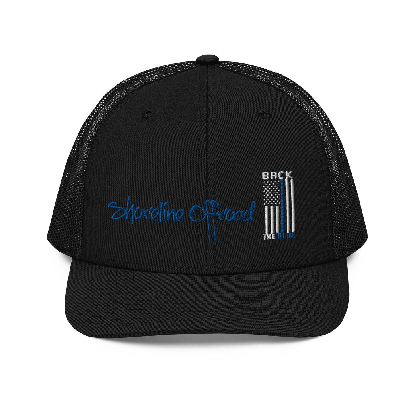 a black trucker hat with an american flag on it