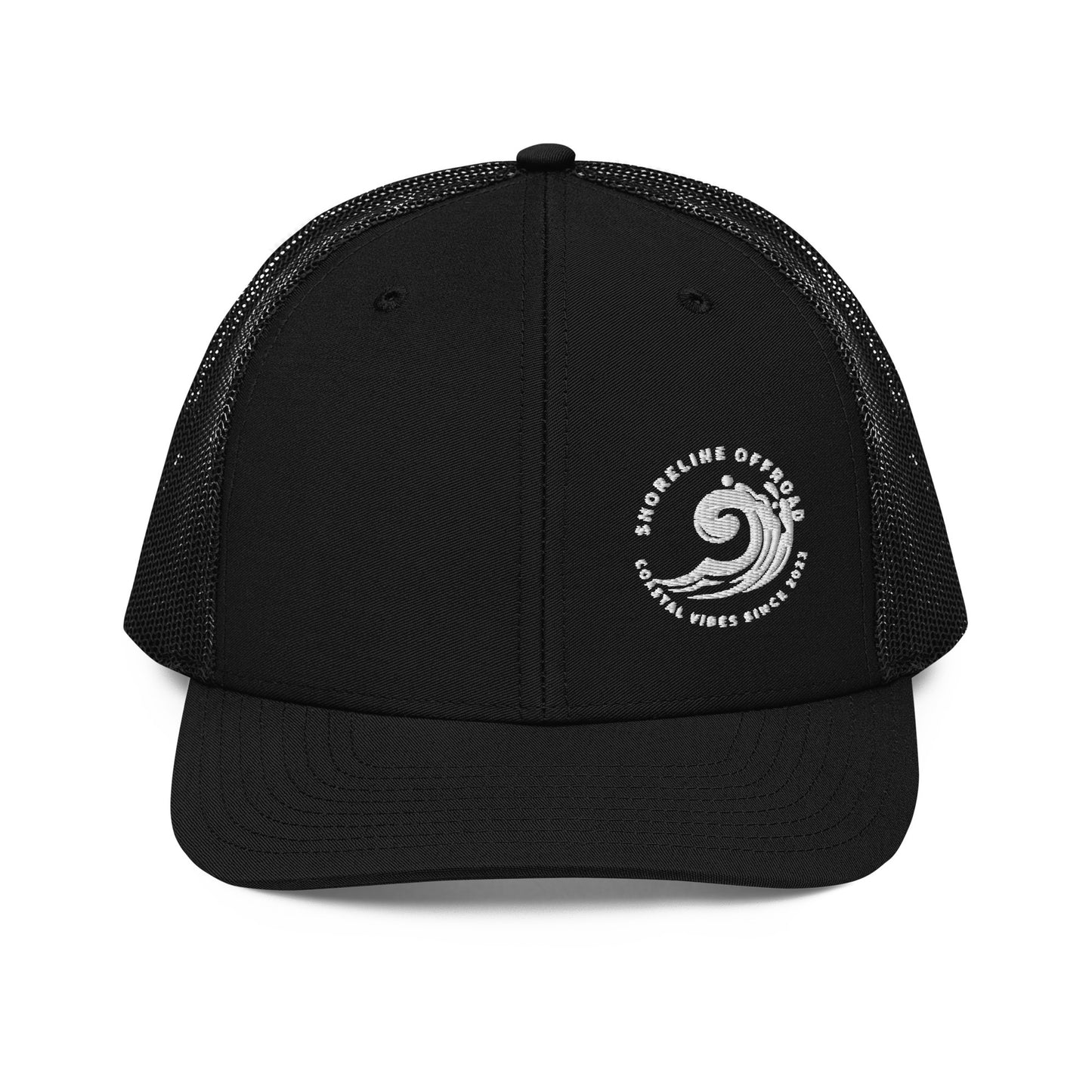 a black trucker hat with a white logo