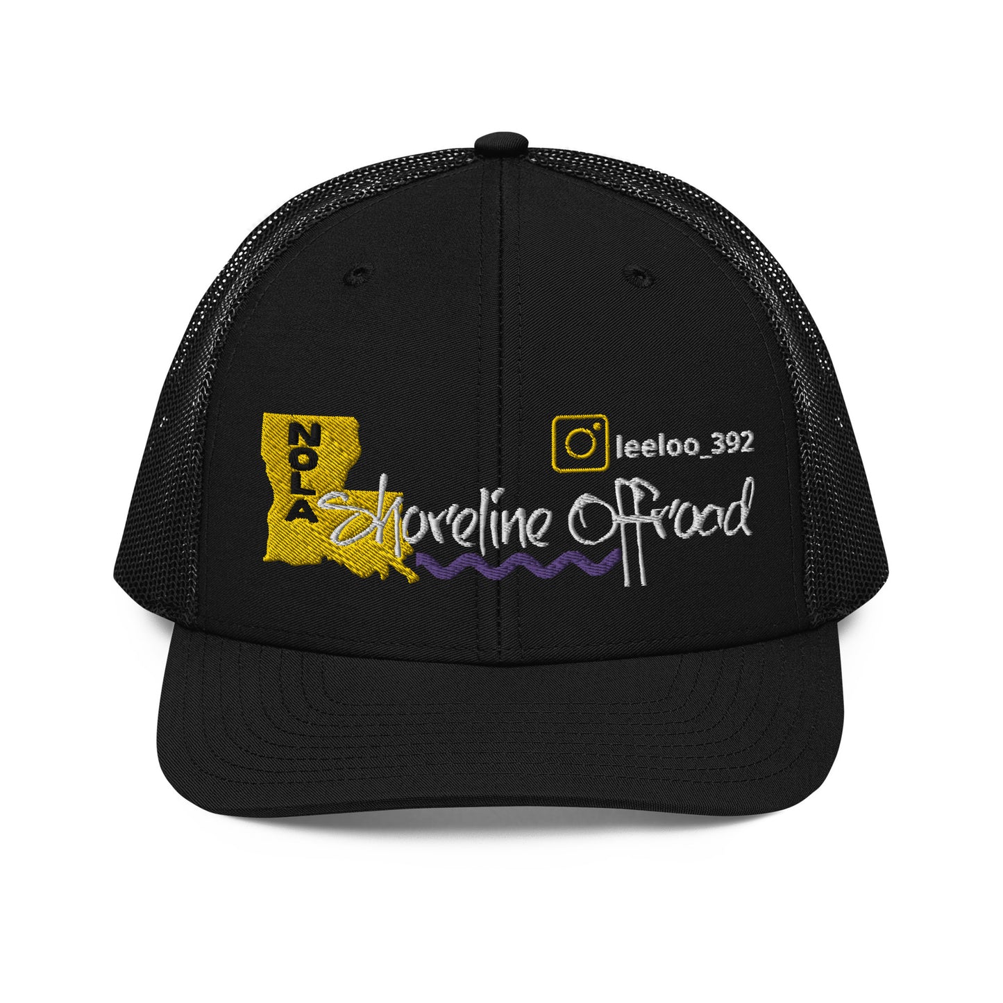 a black trucker hat with a yellow and purple logo