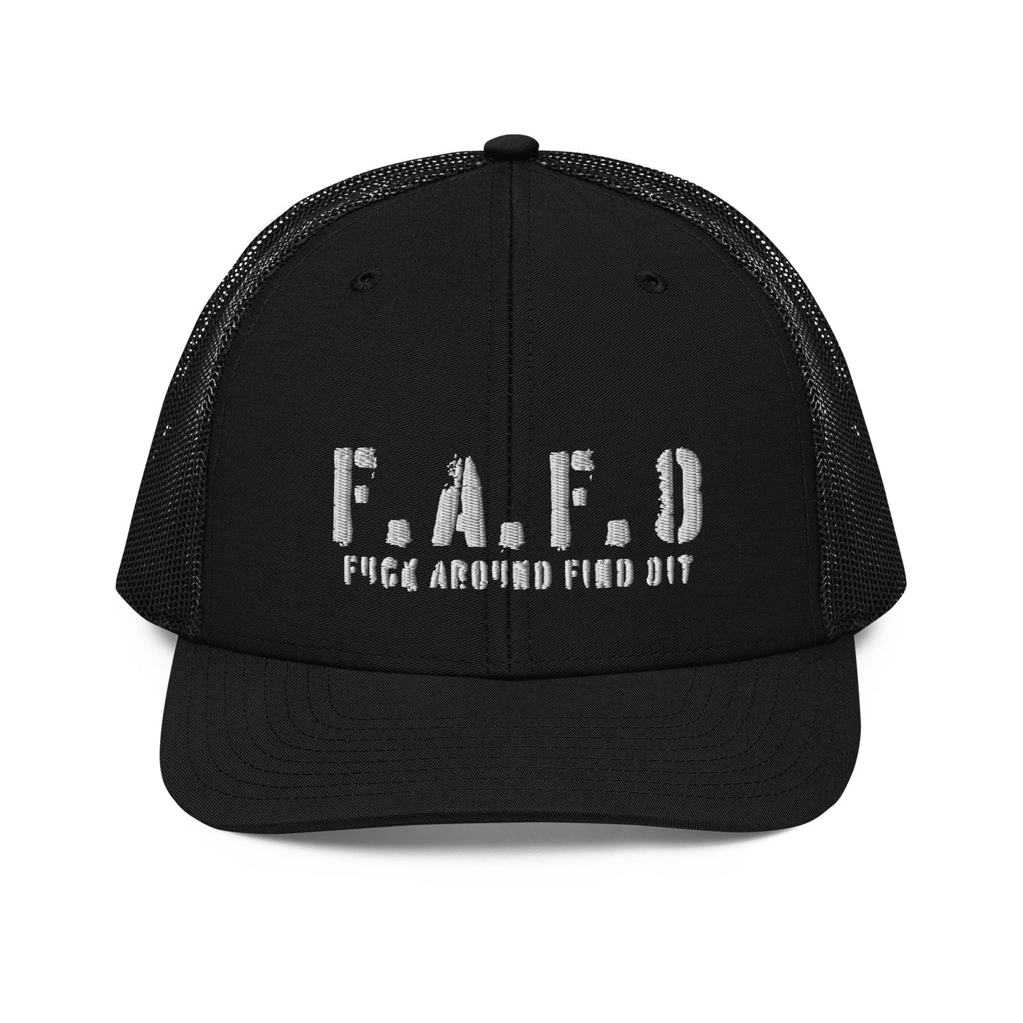 a black trucker hat with the word f a f d on it