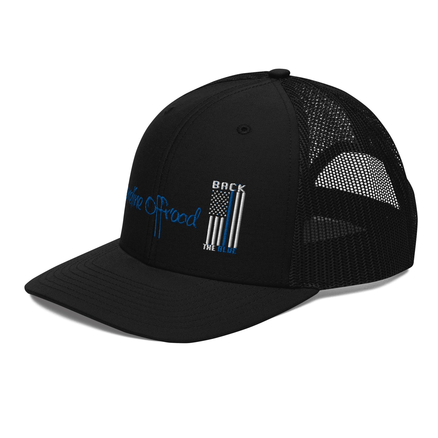 a black trucker hat with a blue logo