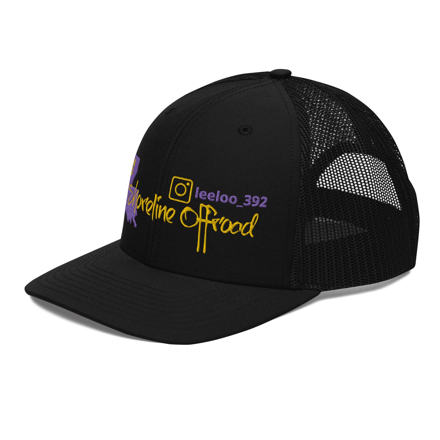a black trucker hat with a yellow and purple logo