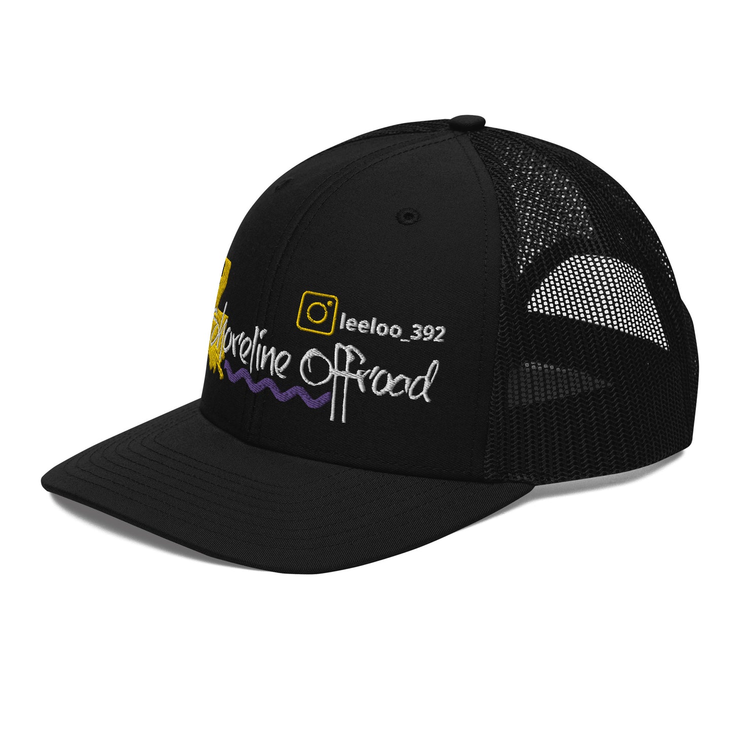 a black trucker hat with a logo on it