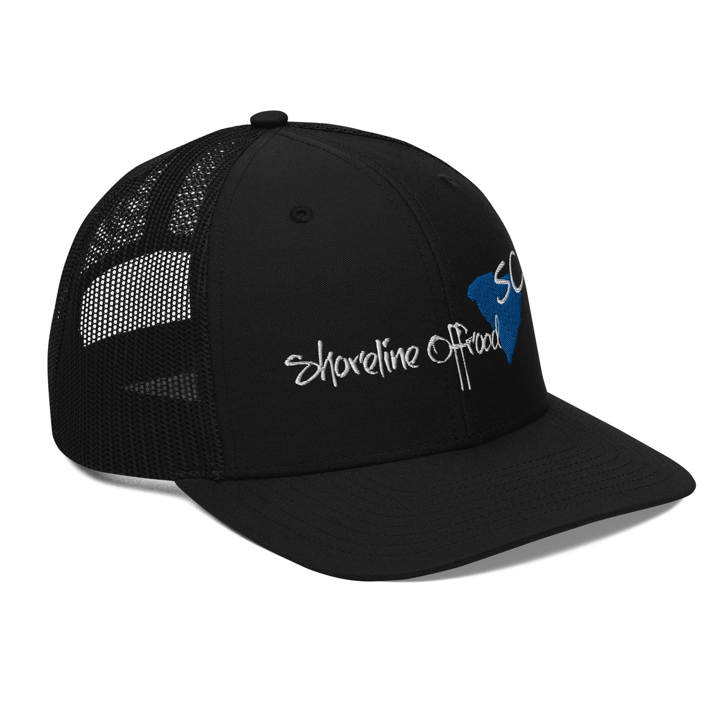 a black trucker hat with a white logo