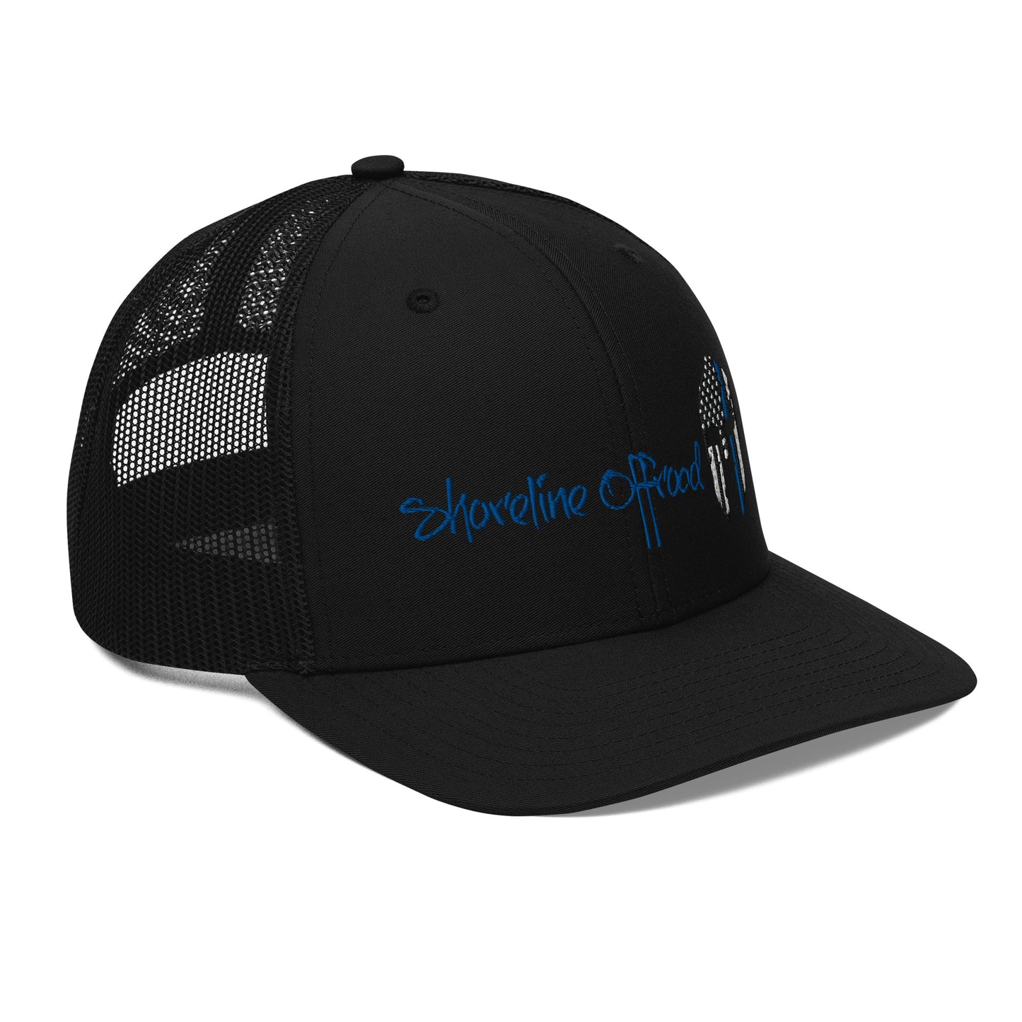 a black trucker hat with the words shoreline bay on it