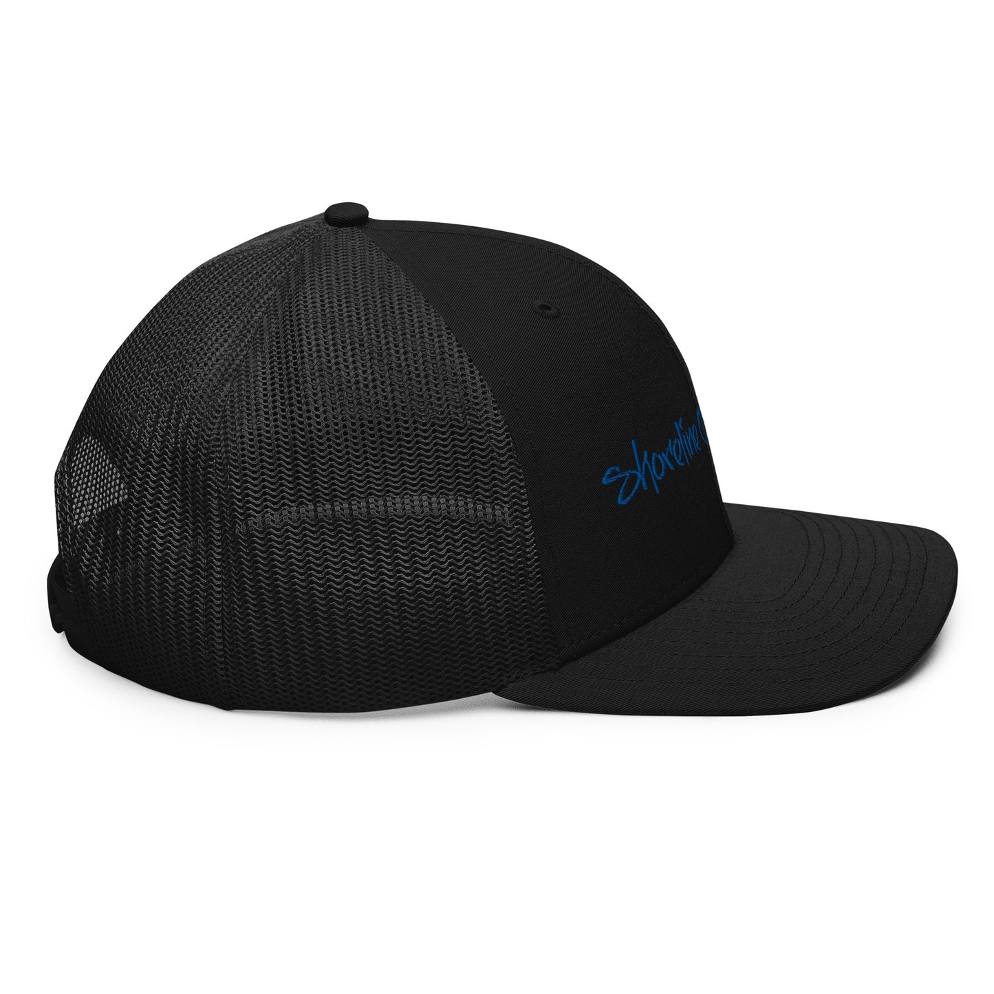 a black hat with a blue logo on it