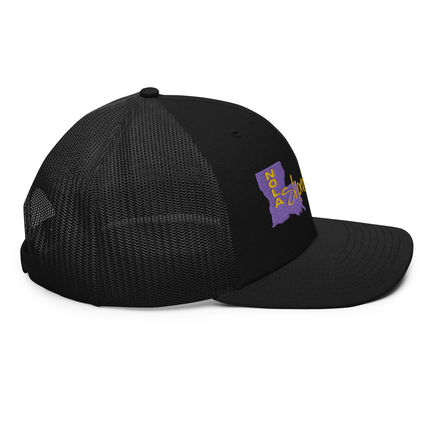 a black hat with a purple and yellow logo