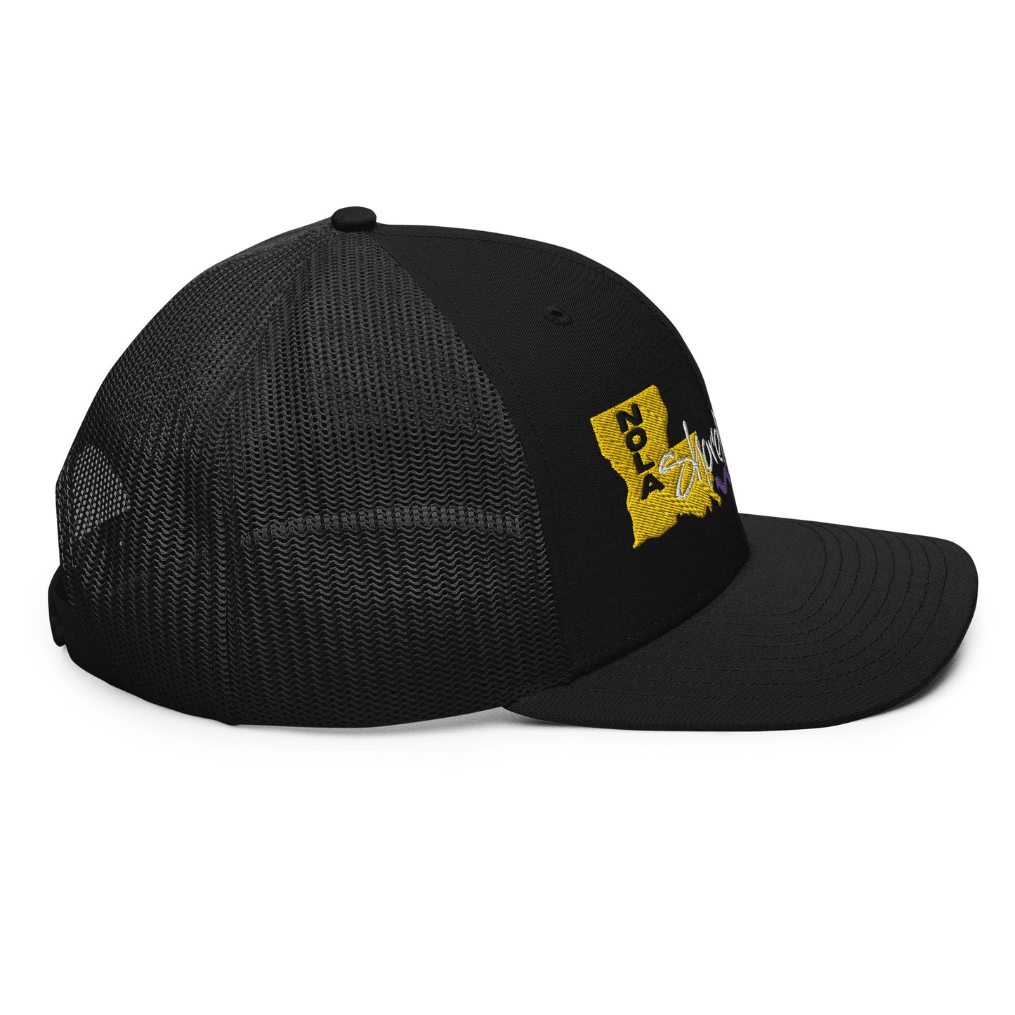 a black hat with a yellow logo on it
