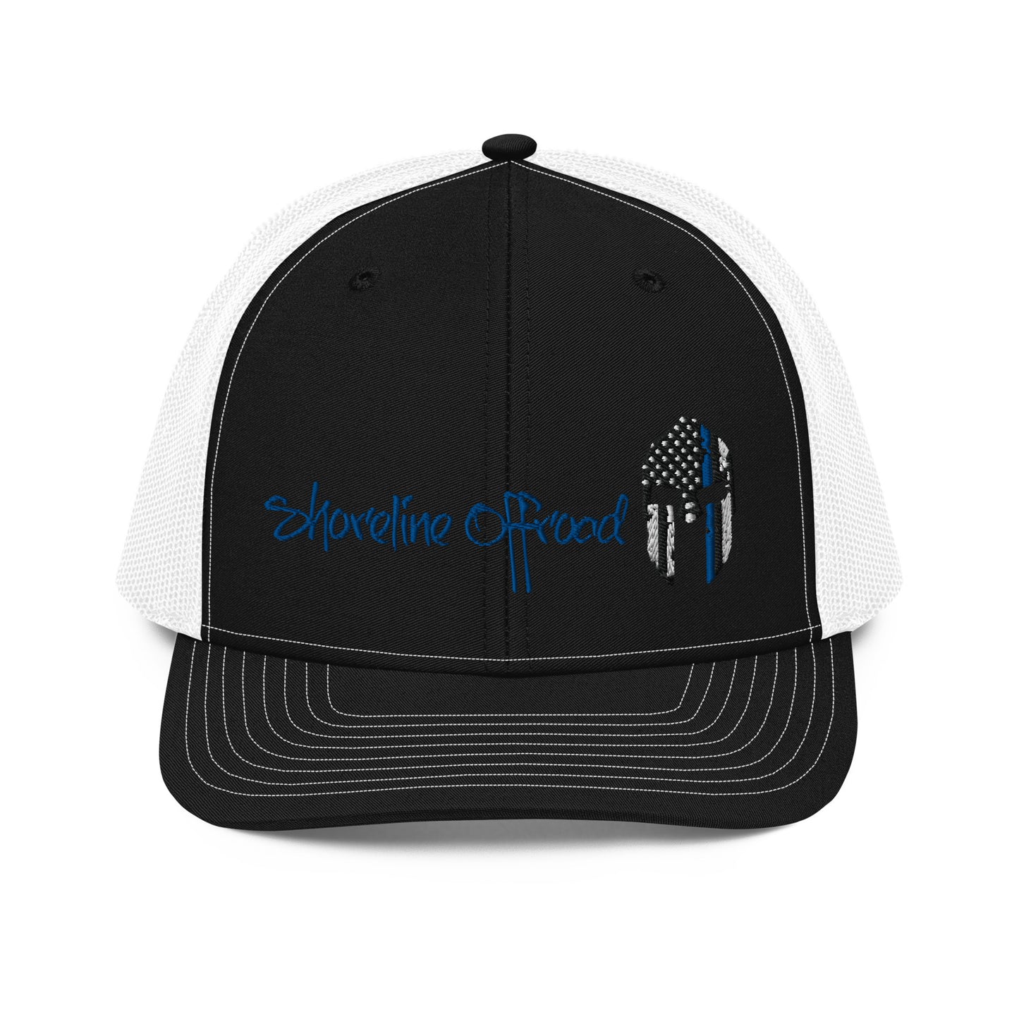 a black and white trucker hat with an american flag on it