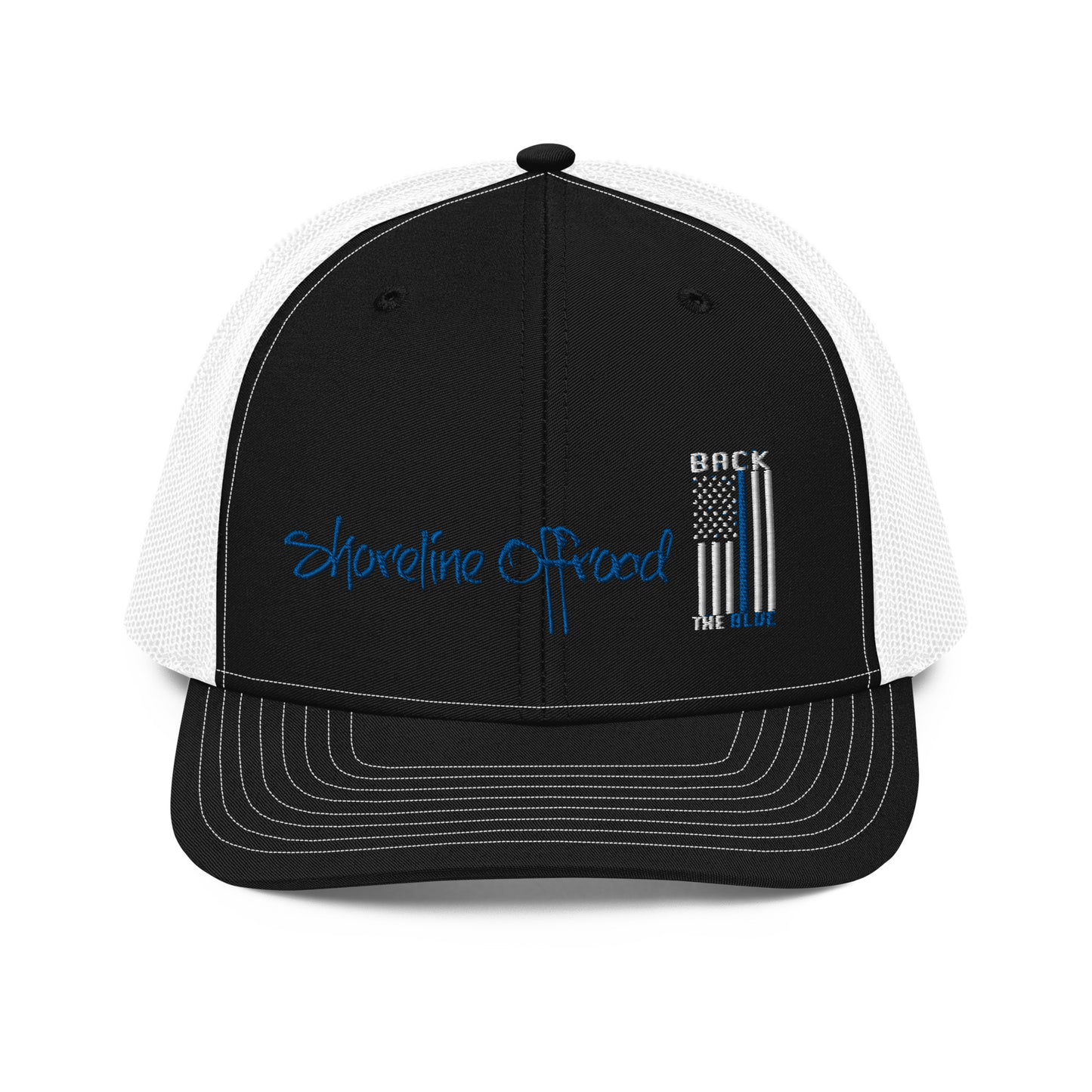 a black and white trucker hat with an american flag