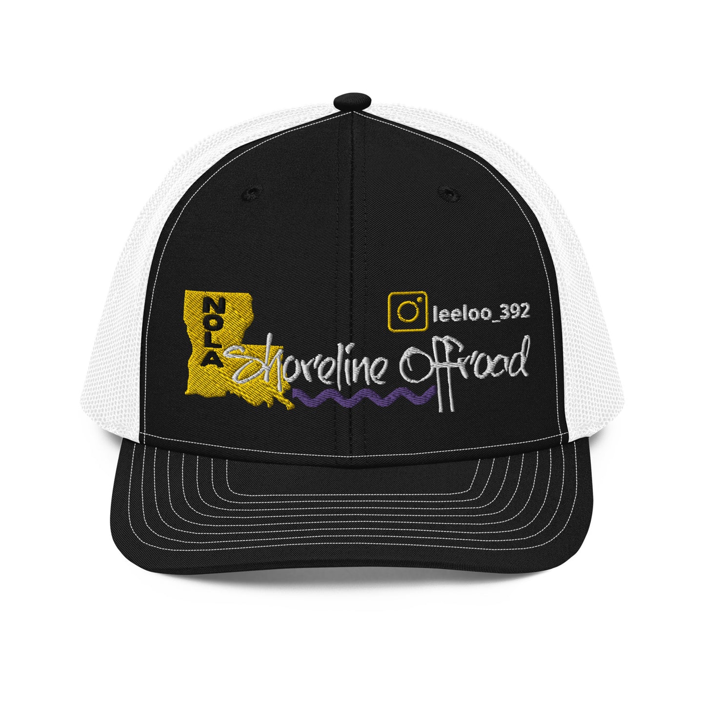 a black and white trucker hat with a yellow and purple logo