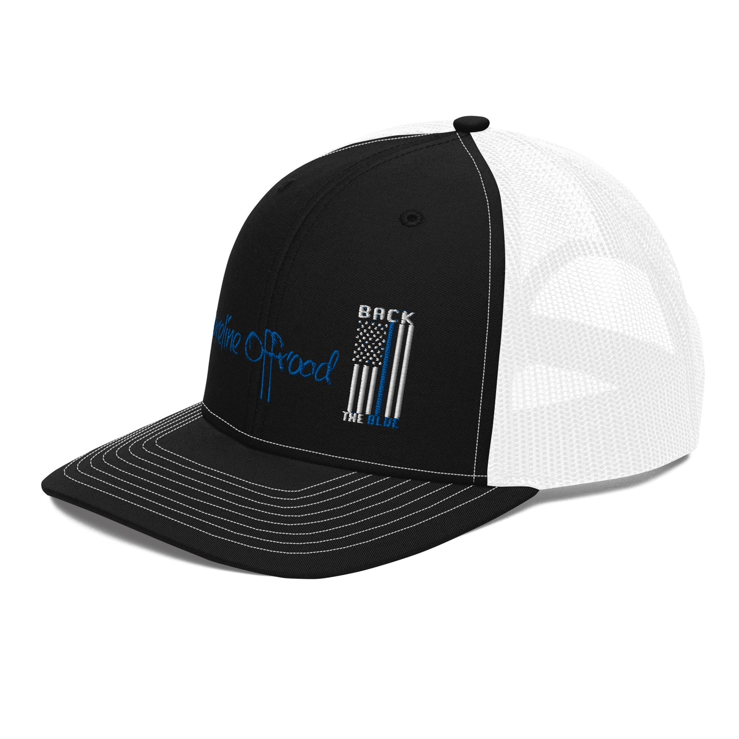 a black and white trucker hat with a blue and white flag