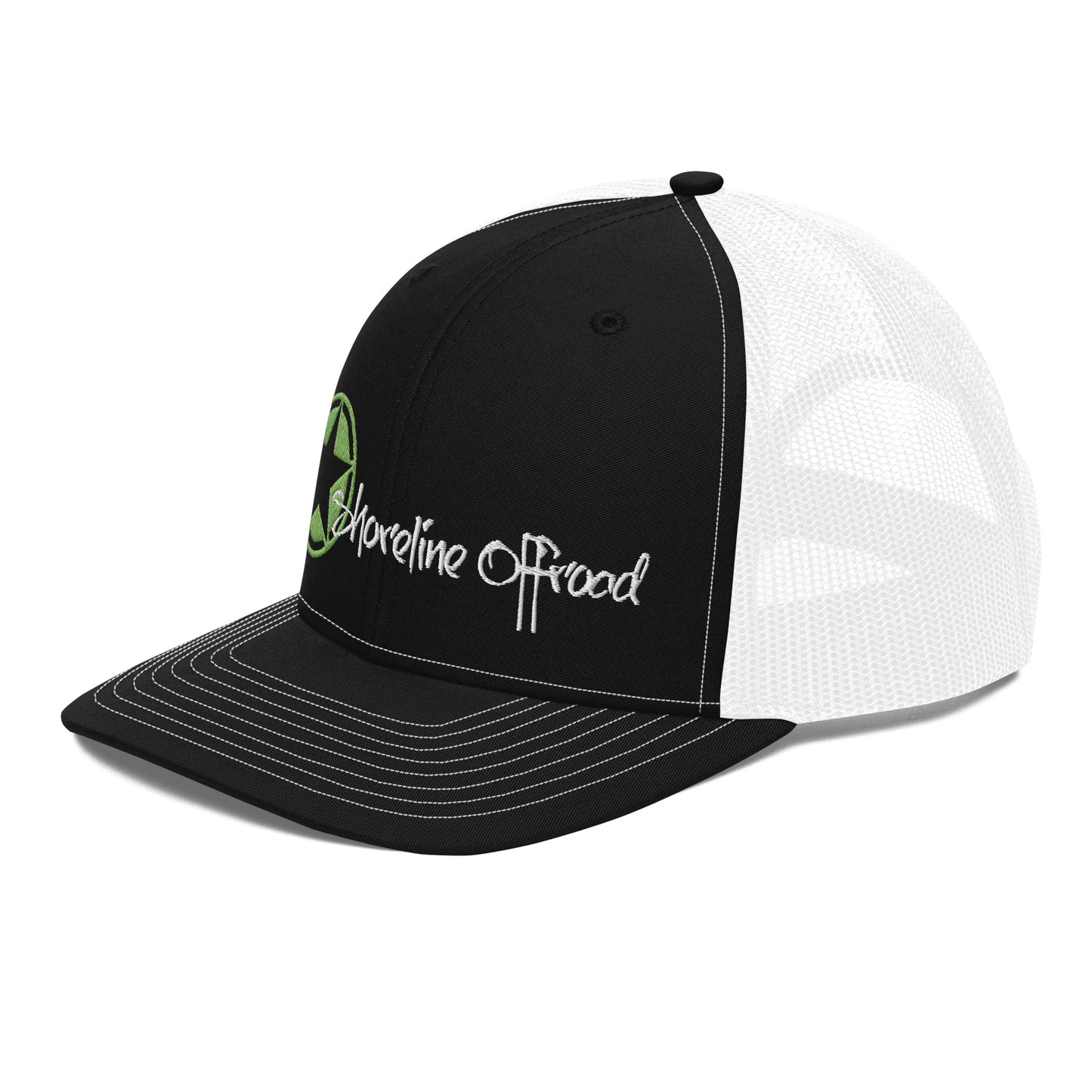 a black and white trucker hat with a green logo