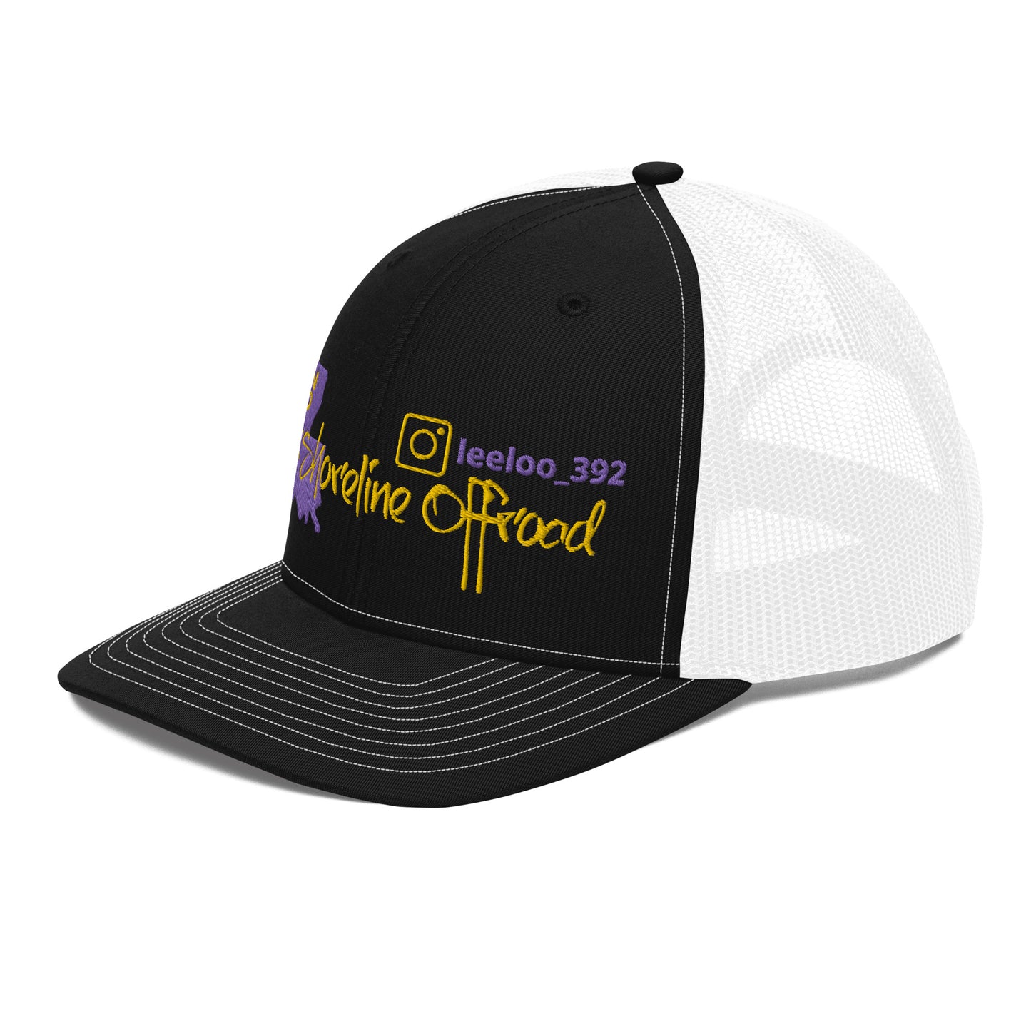 a black and white trucker hat with a purple and yellow logo
