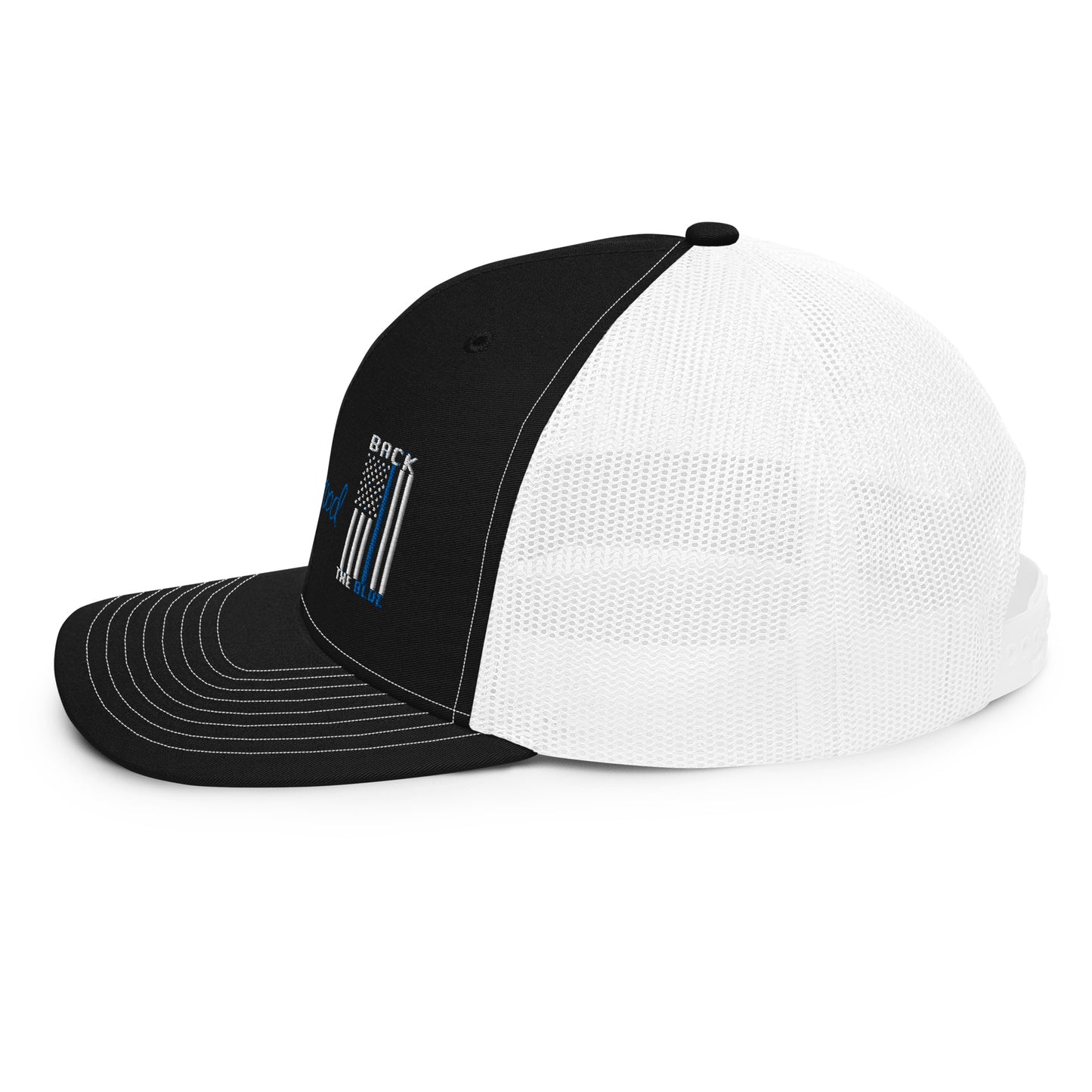 a black and white hat with a flag on it