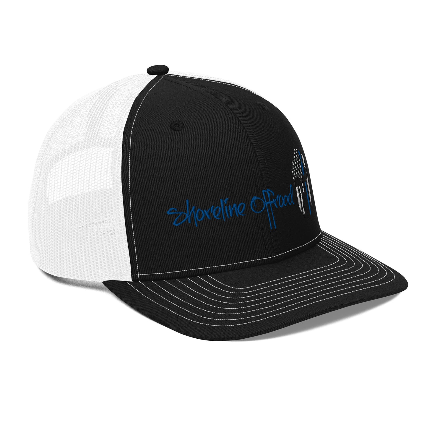 a black and white trucker hat with the words shoreline beach on it