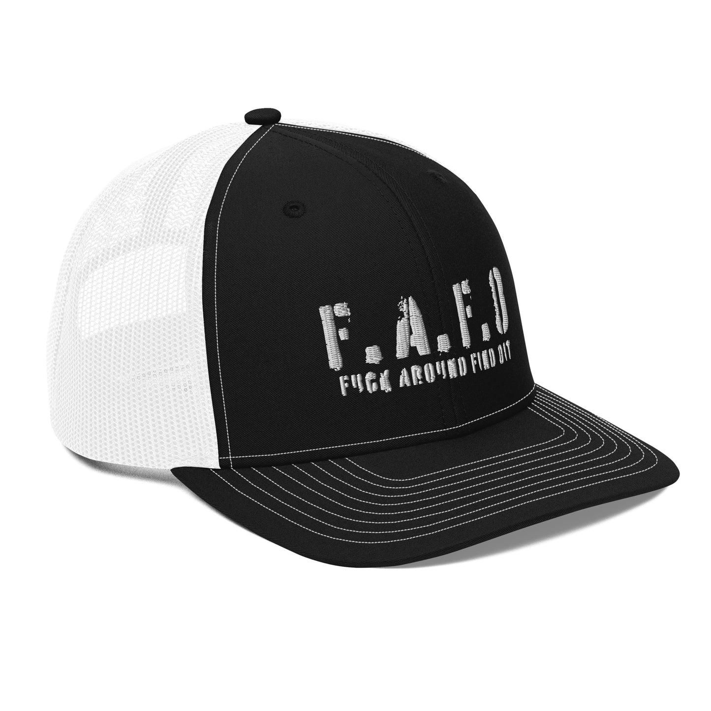 a black and white hat with the word f a f o on it