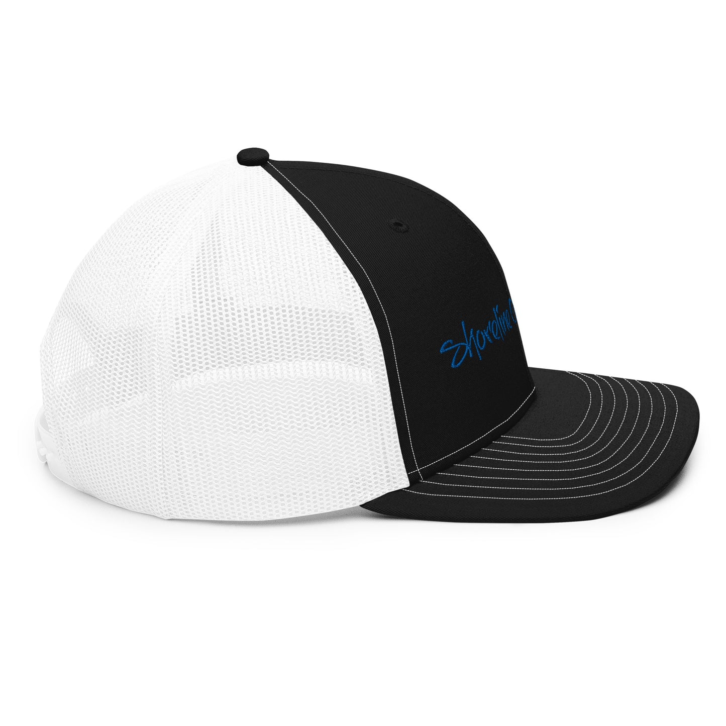 a black and white trucker hat with a blue logo