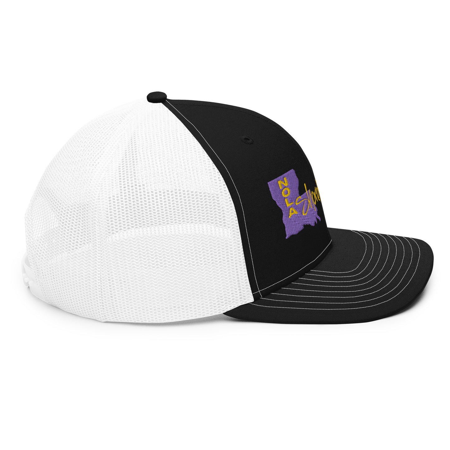 a black and white hat with a purple and yellow logo