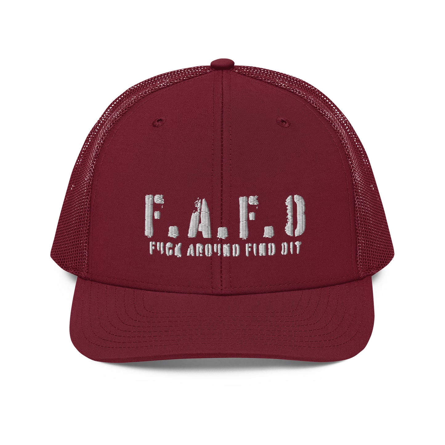 a red trucker hat with the word falfo on it