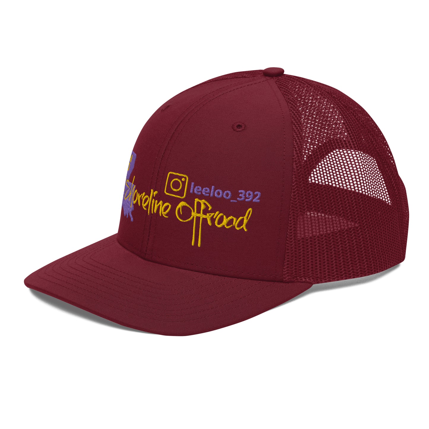 a red trucker hat with a yellow and blue logo