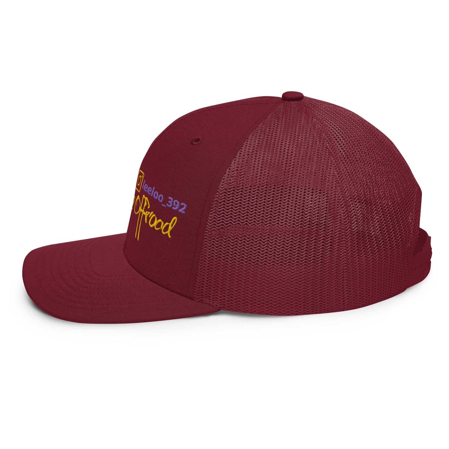a maroon trucker hat with a yellow logo on the front