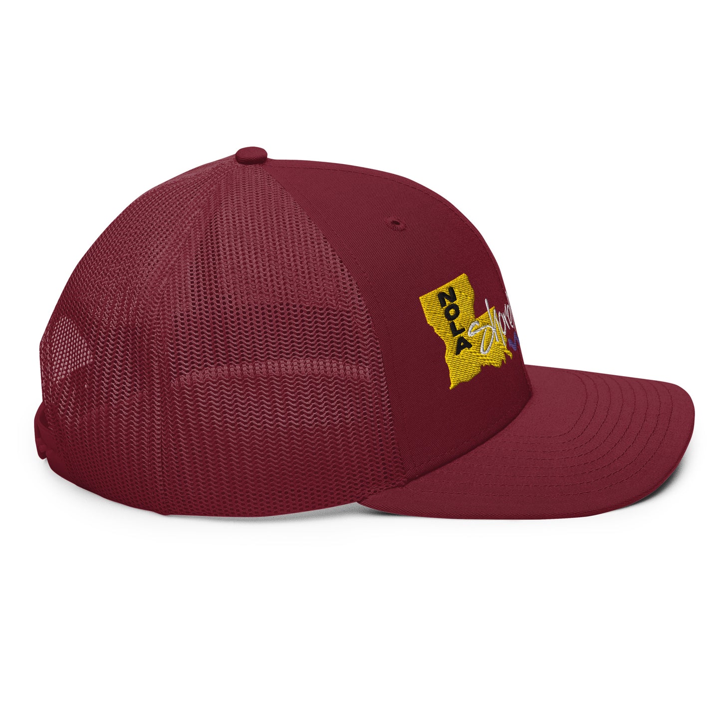 a maroon hat with a yellow and red logo